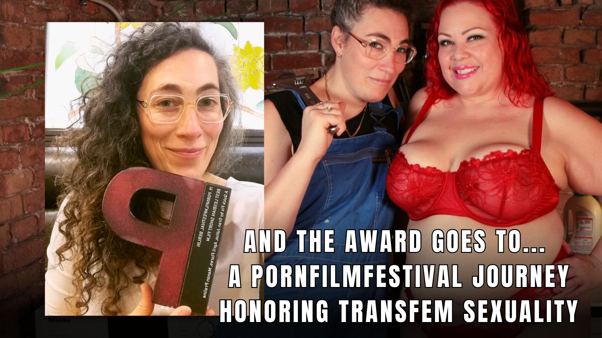 Manon takes a selfie with the award trophy, a "P" shape that lists "A Quick Fix" for Best Lesbian Short Film of the PornFilmFestival Berlin.